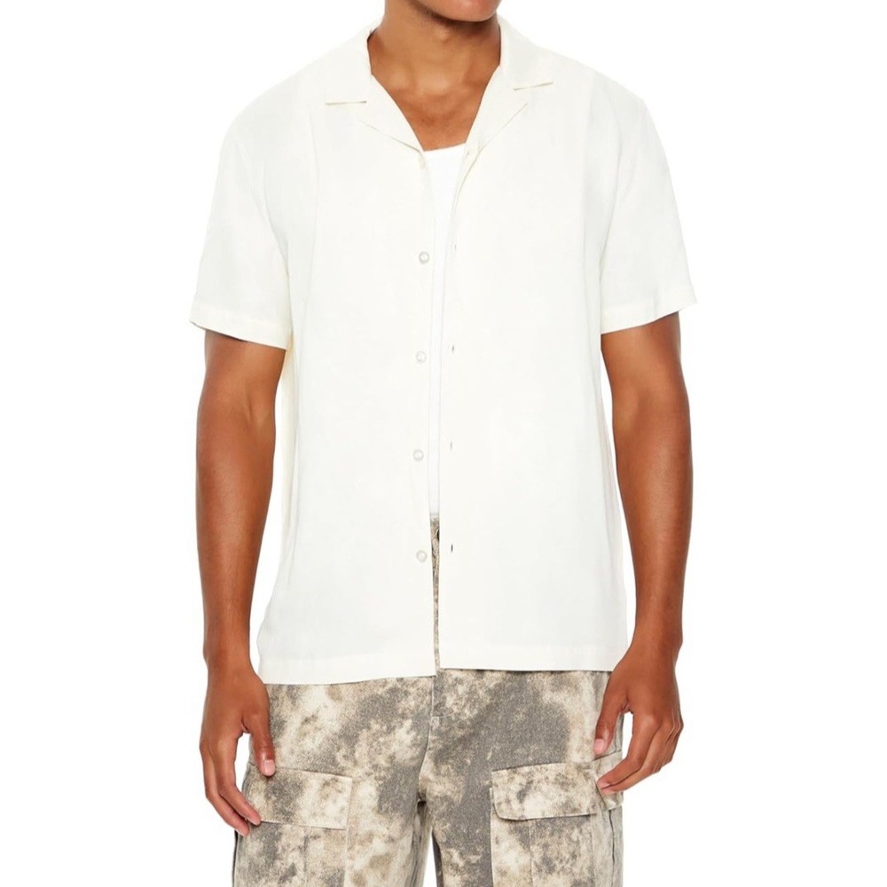 2 Lot NWT Forever 21 Men's Rayon Cuban-Collar Shirt - Size XL -‎ Color White